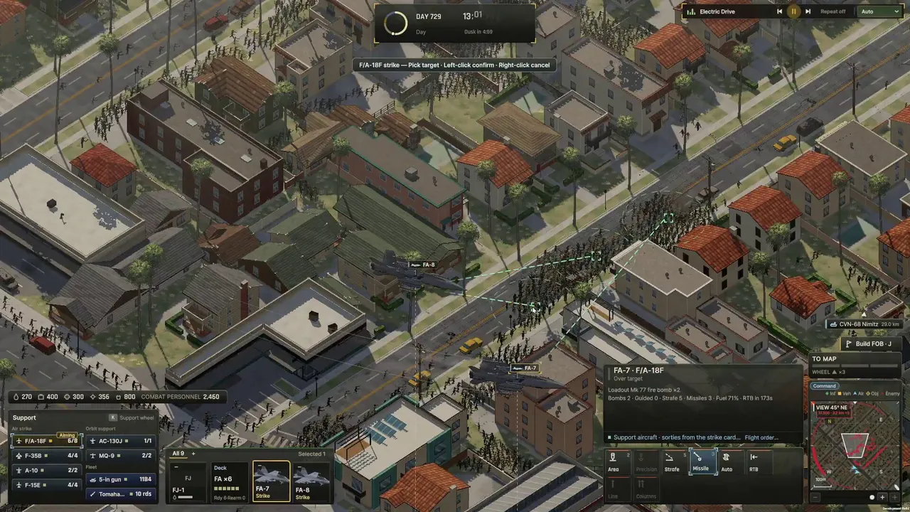 Ebbtide urban street view with two labeled fighter jets overhead and a Support strike panel open while zombies advance along the road