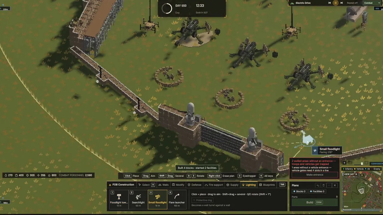 Ebbtide FOB construction view with hooklift-era walls, howitzers, and a bottom toolbar showing Walls, Defense, Fire support, Supply, and Lighting tabs on the build UI.
