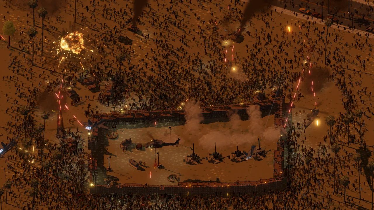 Ebbtide FOB at dusk with armed helicopters parked inside walls while a zombie horde presses the perimeter with tracers and explosions