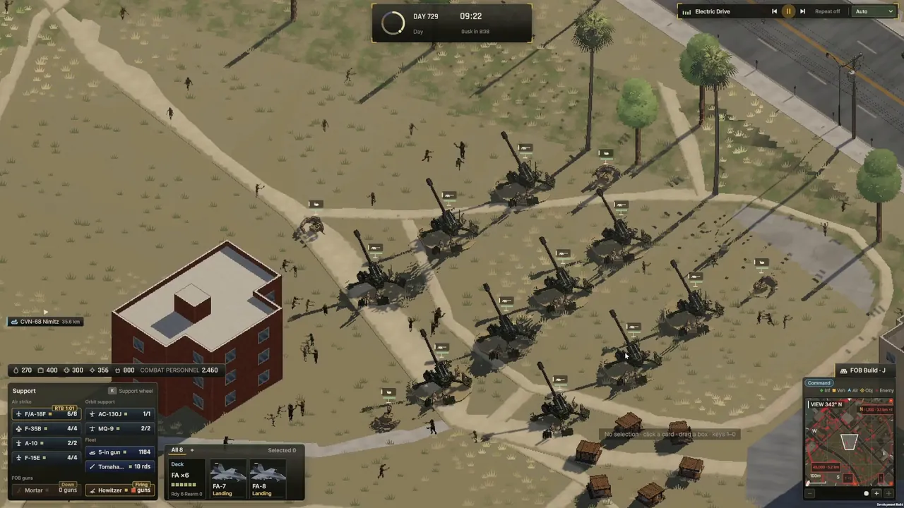 Ebbtide howitzer battery parked near palm trees with the Support panel showing Howitzer firing status beside an FOB-style firebase layout.