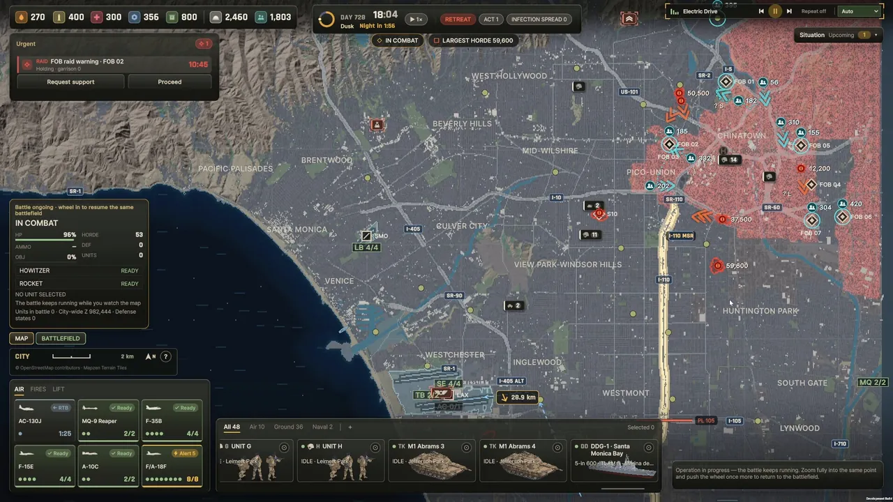 Ebbtide Los Angeles operations map screenshot showing West Hollywood and Santa Monica district labels on a tactical grid with red outbreak zones and FOB markers.