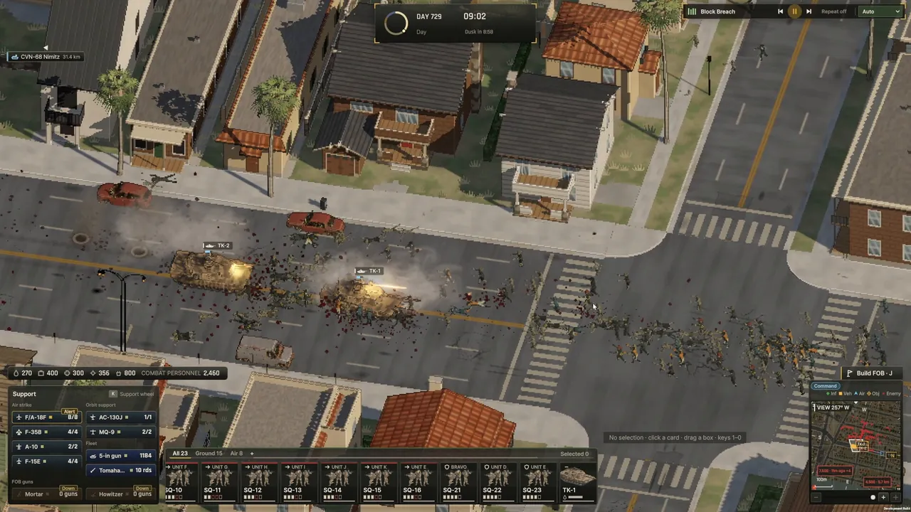 Ebbtide street battle with tanks and infantry on the operations map layer showing Support panels and a corner minimap during a Los Angeles district fight.