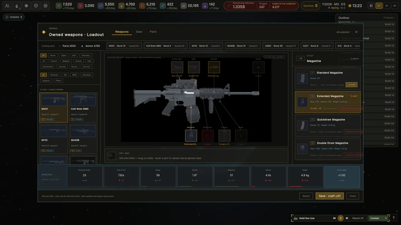 Ebbtide Arsenal weapon loadout screen with attachment slots and a top resource bar illustrating base-level supply management UI in development.