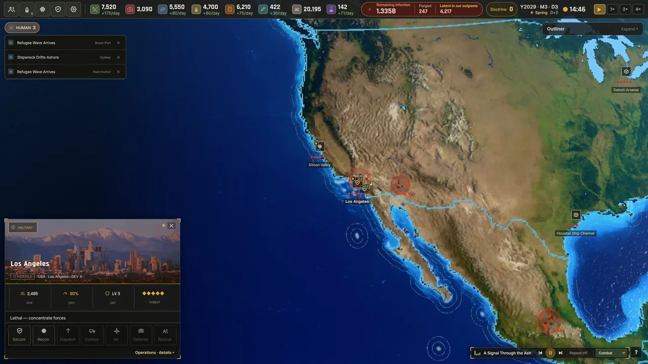 Ebbtide world strategic map with a Los Angeles city card and red threat rings along the North American west coast during the world campaign layer.